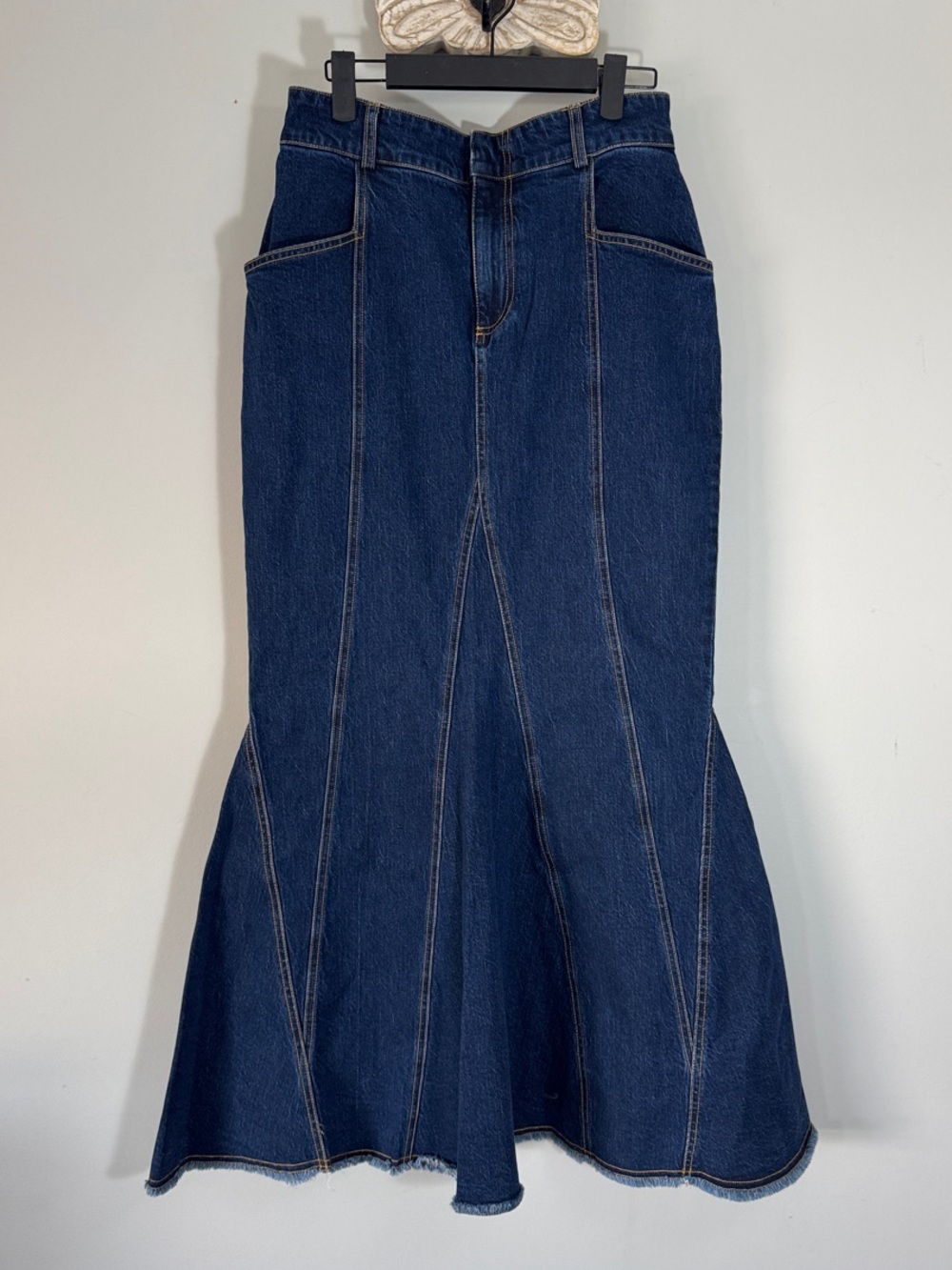 Anthropologie Pilcro Godet Flare Tulip Mermaid Denim Maxi Skirt Dark Wash Size 6 - Picture 2 of 16